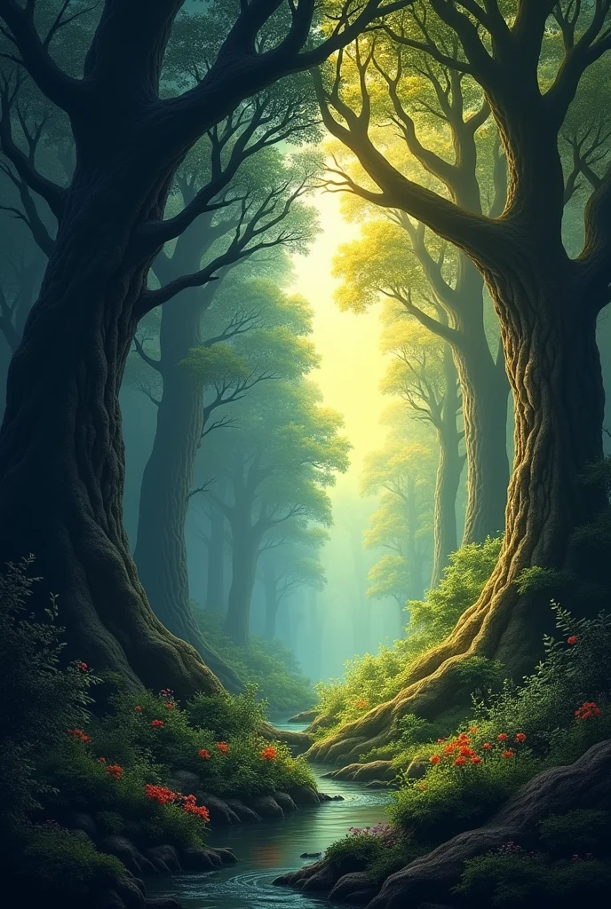 Create a picture of Forest which has two sides one dark and scary other beautiful and warmth (image size restrictions :800*600px.whithin 5m,format:jpg,. jpeg)
