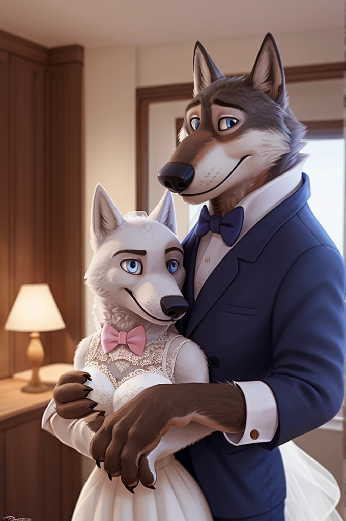 Piar, Male and female, Larry, Tatyana, Wedding Dress, (Zootopia), wolf, gray fur, (brown body:1.3), beautiful blue eyes, Zootopia, dressed,Blazer,pink shirt,trousers,the bow tie,canine,wolf, detailed fur, Male, second, paw pads, finger claws,одевает the bow tie, games,At the viewer, 5 fingers, paws, 4 toes, in the wedding palace, groom,ring, holds, flowers for wife, 
BREAK from nextel, for dating, by xenoforge, (difficult, high detail,digital photography, soft focus, RAW, close to the camera, smile, positive, Good, mood, Houses, looks at the viewer, очень close to the camera, In the shop,his wedding, wedding palace combination, 
photorealism, realistic, photorealistic,digital style, subsurface scattering,очень close to the camera
шедевр, Best quality, ultra realistic, 8 thousand.)