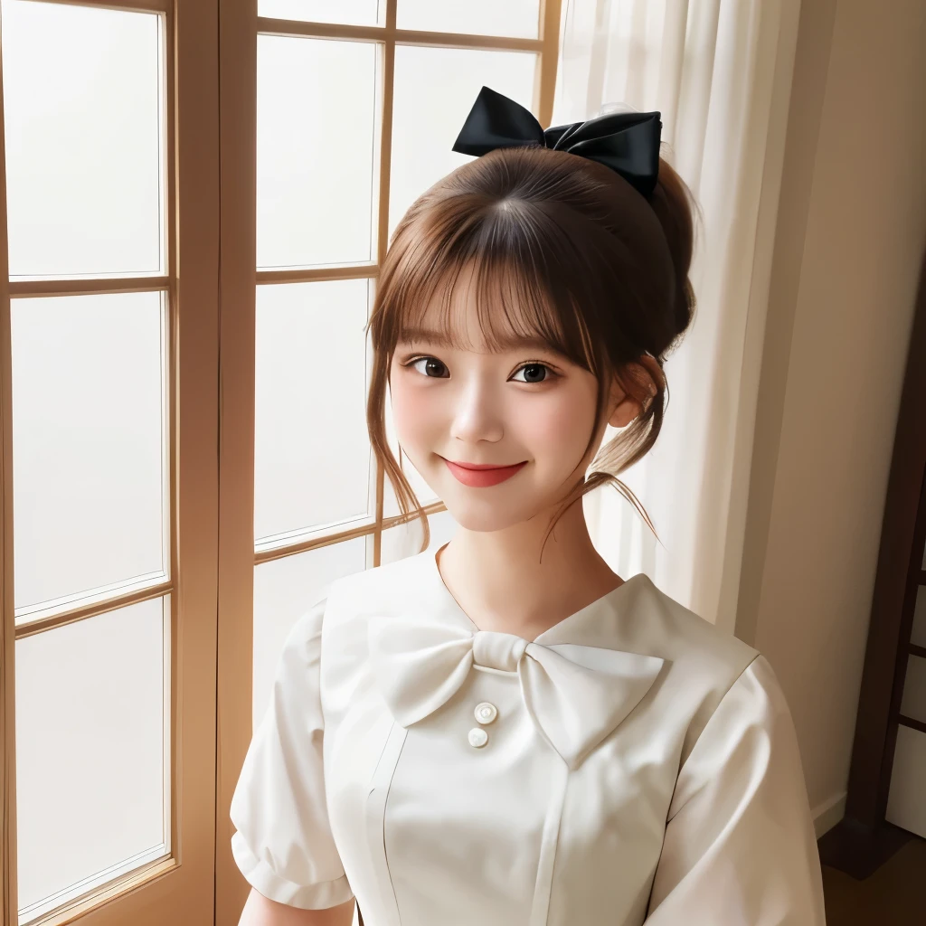 Highest quality, masterpiece, High resolution, alone, {maid:1.40}, {long maid dress:1.15}, {Yubari_Fleet Collection:1.15}, ponytail, 前hair, brown_eye, bow, hair_bow, _Angel, smile