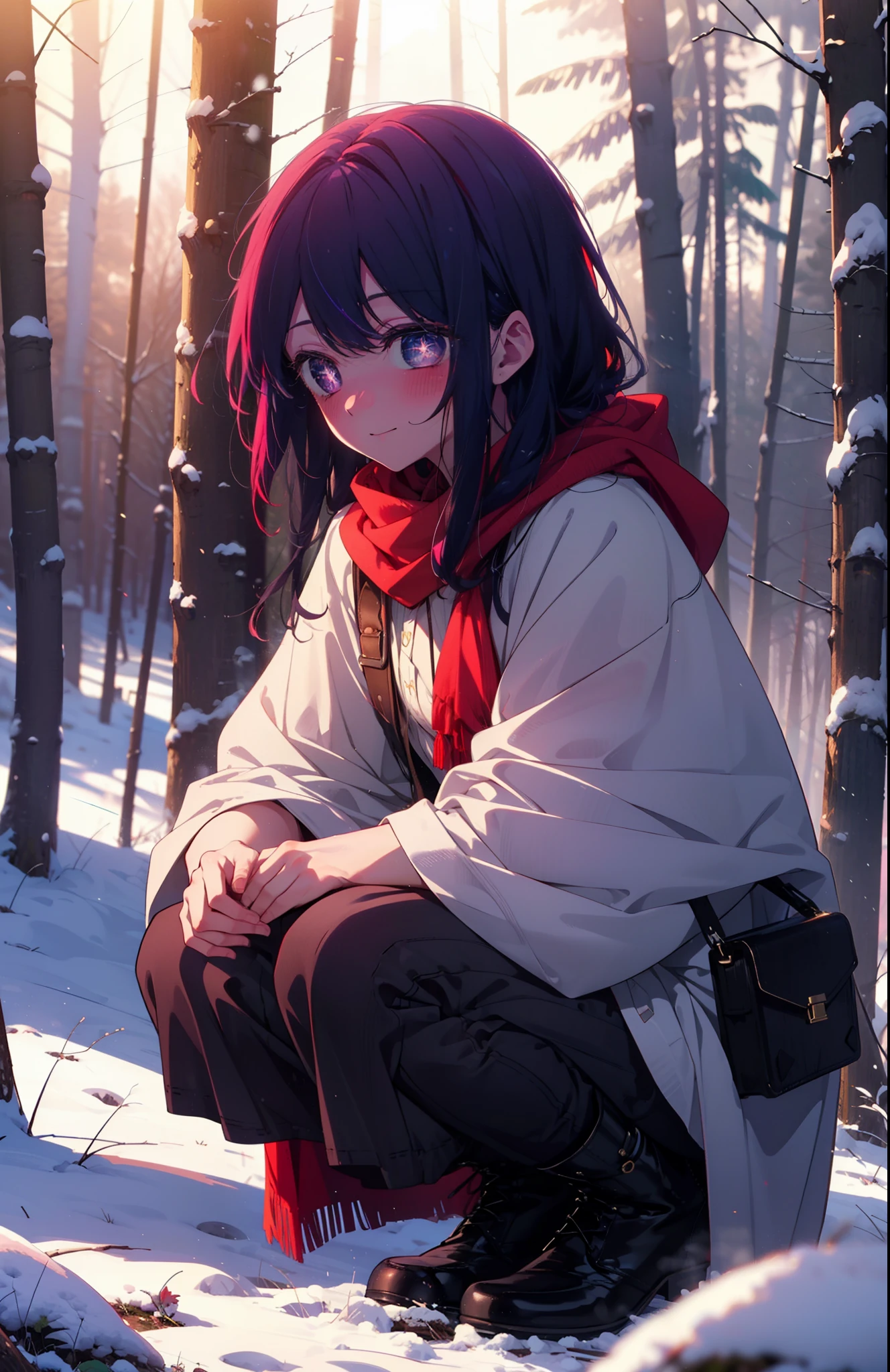 aihoshino, Ai Hoshino, Long Hair, bangs, (Purple eyes:1.1), Purple Hair, (Symbol-shaped pupil:1.5), smile,,smile,blush,white breath,
Open your mouth,snow,Ground bonfire, Outdoor, boots, snowing, From the side, wood, suitcase, Cape, Blurred, , forest, White handbag, nature,  Squat, Mouth closed, Cape, winter, Written boundary depth, Black shoes, red Cape break looking at viewer, Upper Body, whole body, break Outdoor, forest, nature, break (masterpiece:1.2), Highest quality, High resolution, unity 8k wallpaper, (shape:0.8), (Beautiful and beautiful eyes:1.6), Highly detailed face, Perfect lighting, Extremely detailed CG, (Perfect hands, Perfect ???????),