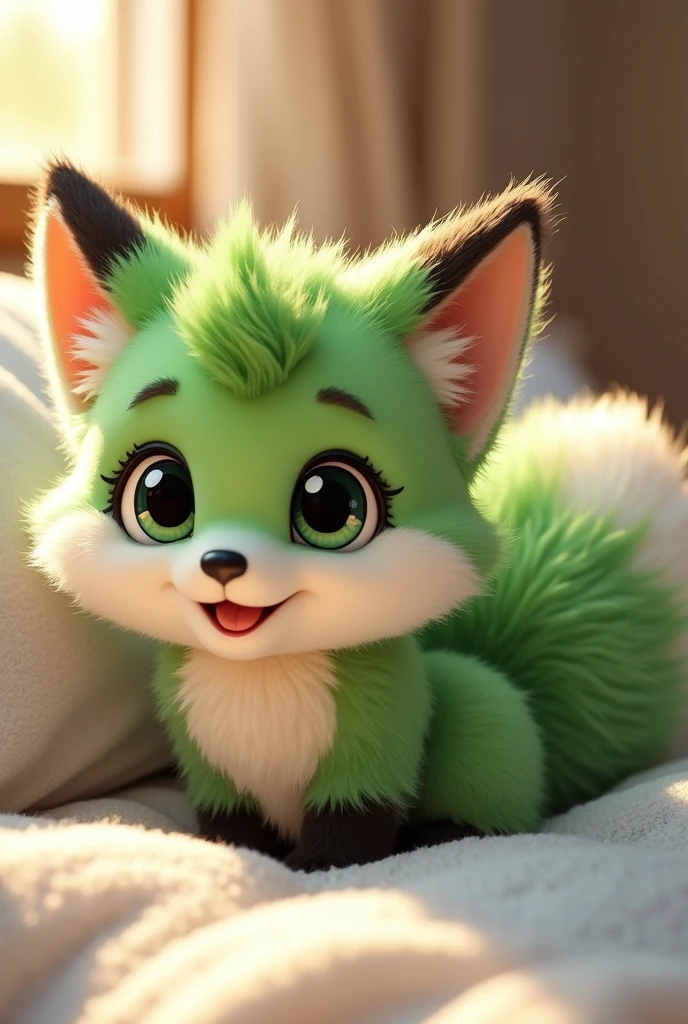 furry boy,a black eye and a green eye,green fox ears,green and white fox tail,on the bed,smile,sunshine,