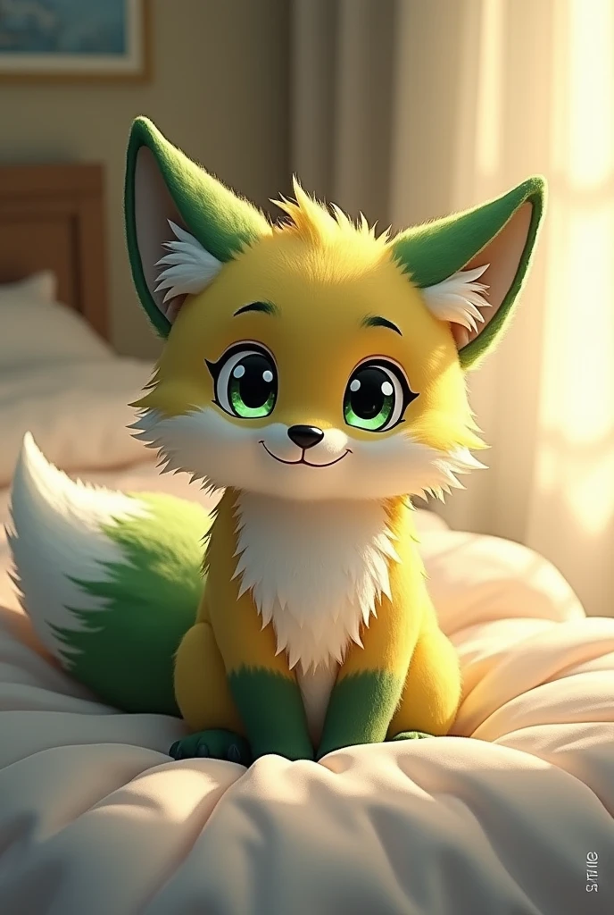 furry boy,a black eye and a green eye,green fox ears,green and white fox tail,on the bed,smile,sunshine,