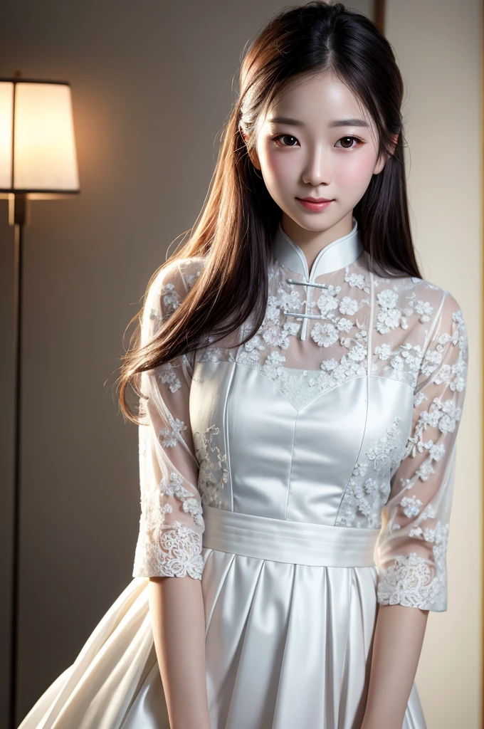 1girl, aodai white, photo art, (flower), a stunning photo with beautiful saturation, ultra high res,(realistic:1.4)),deep shadow,(best quality, masterpiece), pale skin, dimly lit, shade, flustered, blush, highly detailed, skinny, BREAK depth of field, film grain, wrinkled skin, looking at viewer, knee, warm smile, (upper body), masterpiece,ultra realistic,32k,extremely detailed CG unity 8k wallpaper, best quality