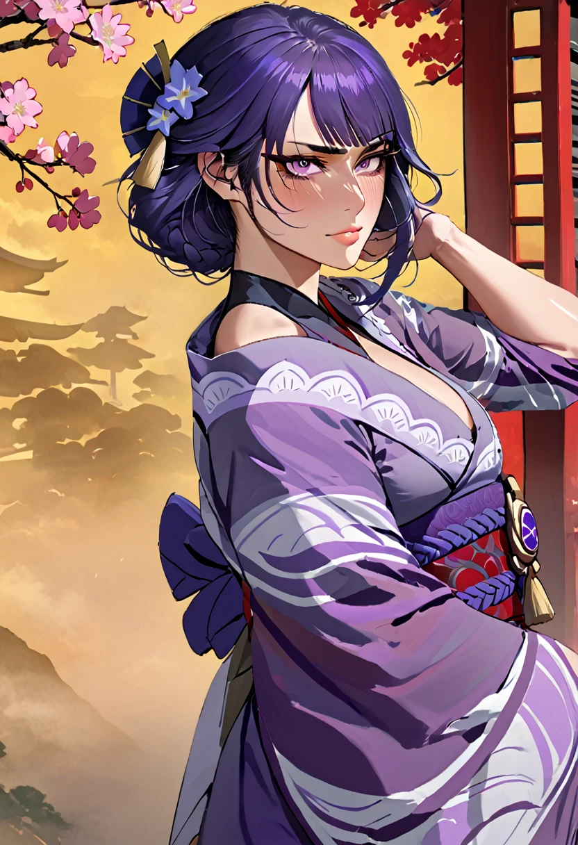 score_9, score_8_up, score_7_up, score_6_up, score_5_up, score_4_up, BREAK 1girl, ((muscular body:1)), intricate, kimono, (eyeliner:1.2), looking at viewer, detailed background,huge breasts (masterpiece, high quality:1), 2.5D, Realistic, Raiden Shogun (Genshin Impact)