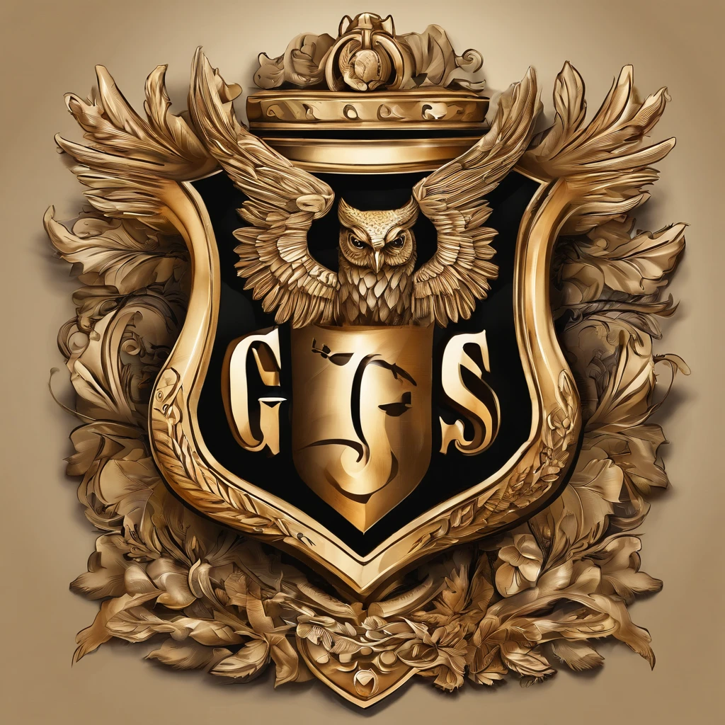 Make logo from this word ((G,S)), GUN, WINGS, OWL, BOLD, SHIELD, BANNER, a bold shield banner logo, intricate shield design, ornate banner, dark gold and light gold color scheme, heraldic emblem, striking emblem, elegant lettering, crisp lines, symmetrical composition, premium quality, 3D render, photorealistic, cinematic lighting, dramatic shadows, richly detailed
