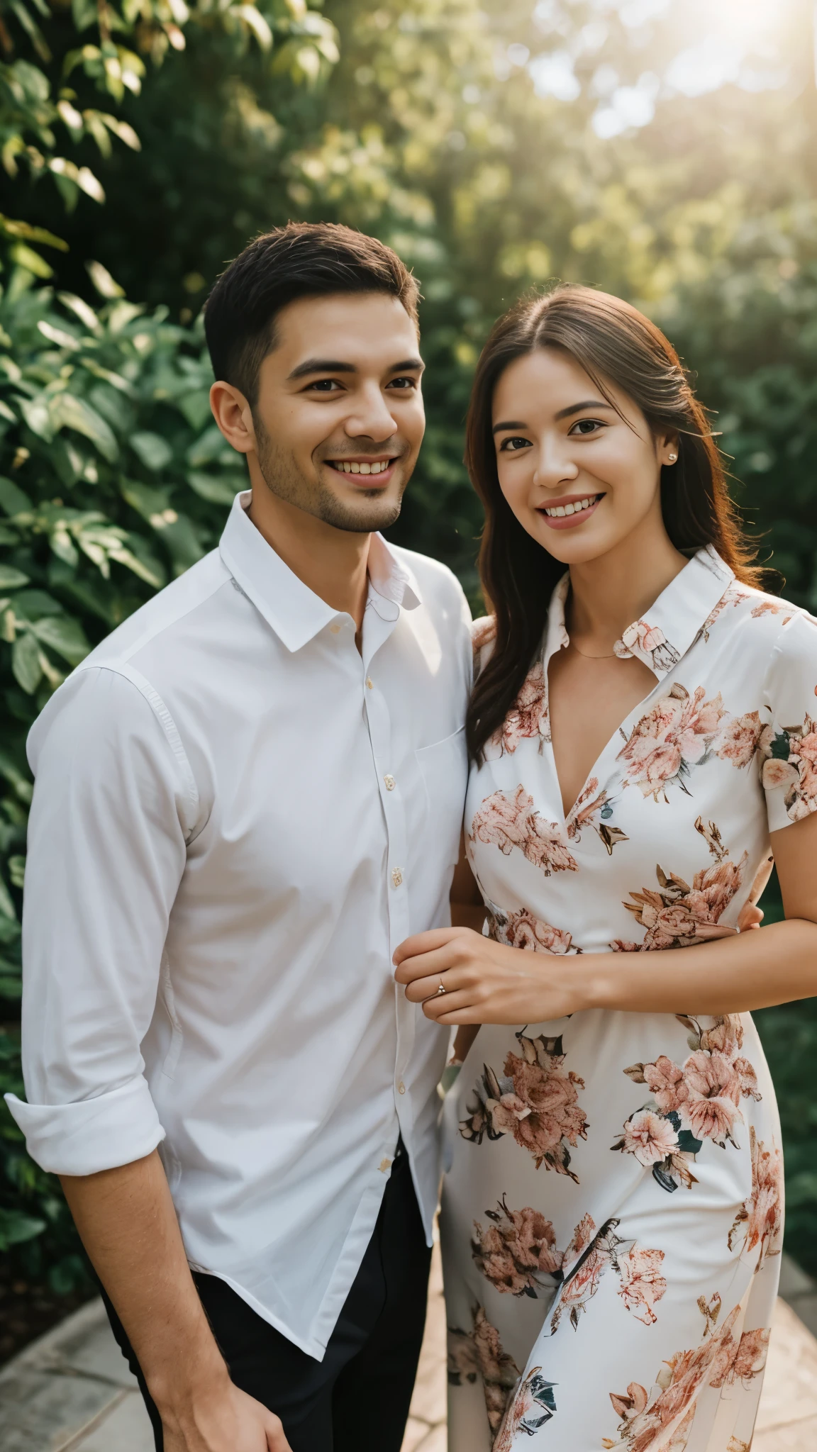 photorealistic couple portrait, facing front, husband wearing white collared shirt and black pants, wife wearing white floral summer dress, standing straight, holding hands, husband and wife facing straight to viewer, living room background, detailed facial features, intricate clothing textures, warm natural lighting, shallow depth of field, cinematic composition, vibrant colors, high-quality digital painting