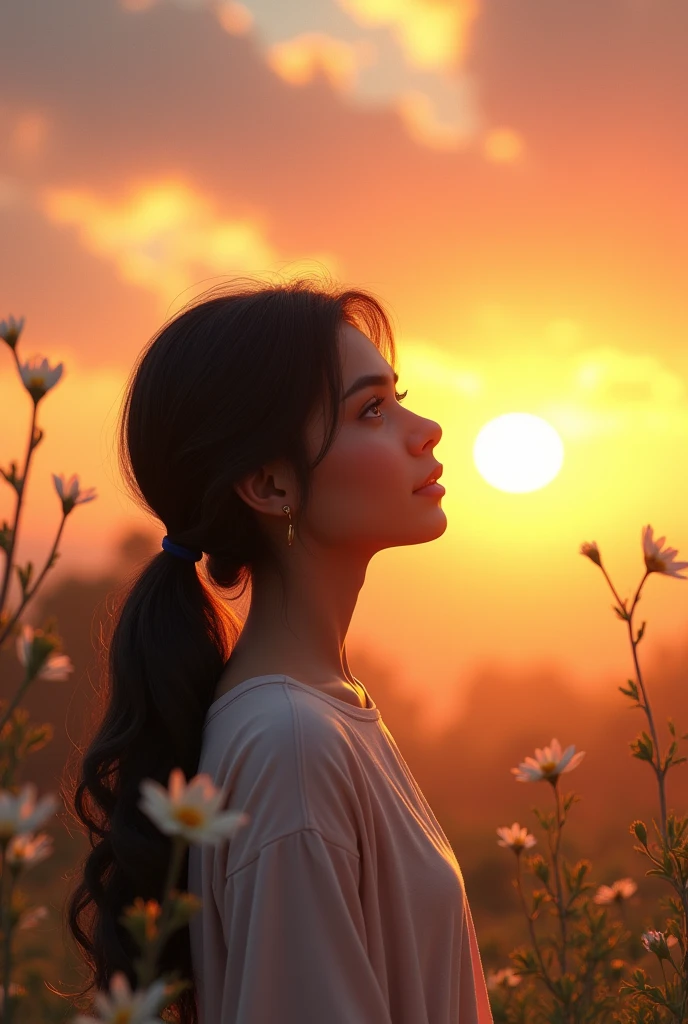 I'll try to describe the scene for you:
A 21-year-old Pakistani girl with a fair complexion and a small nose ring sits alone, watching the sunrise. She has a Roman nose and a serene expression on her face. The sky behind her is a warm blend of orange, pink, and purple hues, with the sun peeking through the clouds. She's surrounded by a peaceful atmosphere, with a few trees or flowers in the background. Show more sky picture should be landscape make her nose a lil long