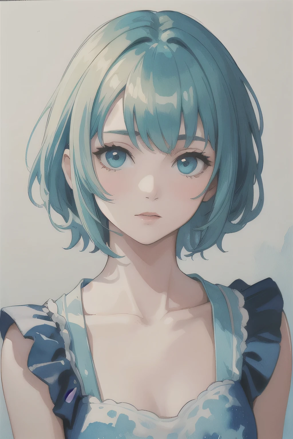 Pooka, Cyan clothes, watercolor, oil_medium (Masterpiece:1.3) (best quality:1.2) (high quality:1.1)