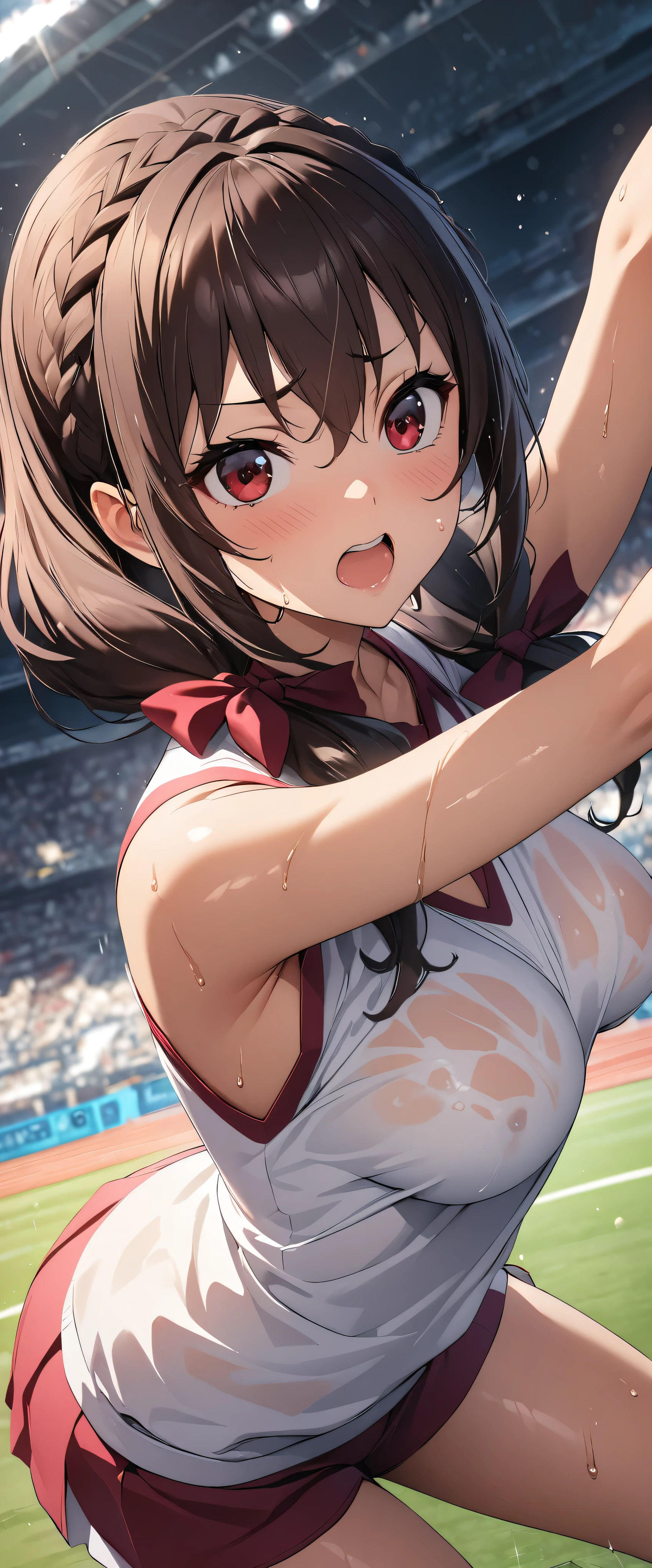 (((masterpiece)))、((Highest quality))、(Ultra-detailed)、(CG illustration)、(Very beautiful woman))、Cinematic Light、((1 Female))、 、(Beautiful and luxurious:1.2)、(One Woman:1.3)sports stadium,9 years old,((Japanese white sleeveless gym clothes),Wet with sweat,Beautiful ponytail,Dynamic pose,,Yunyun