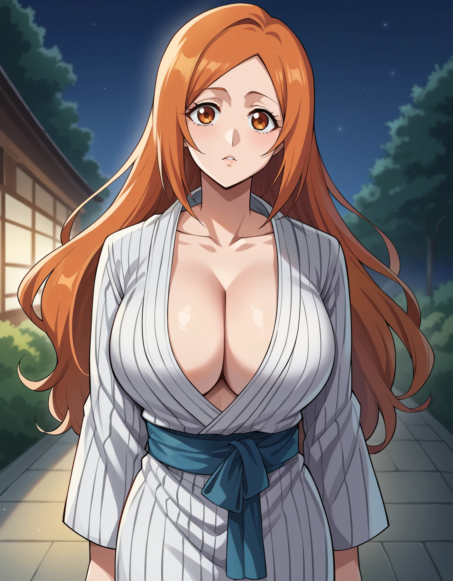 score_8_up, score_7_up, source_anime BREAK, clear face, Inoue Orihime, orange hair, orange eyes, long hair, large breasts, looking at viewer, standing, yukata, cleavage, outdoor, night, 