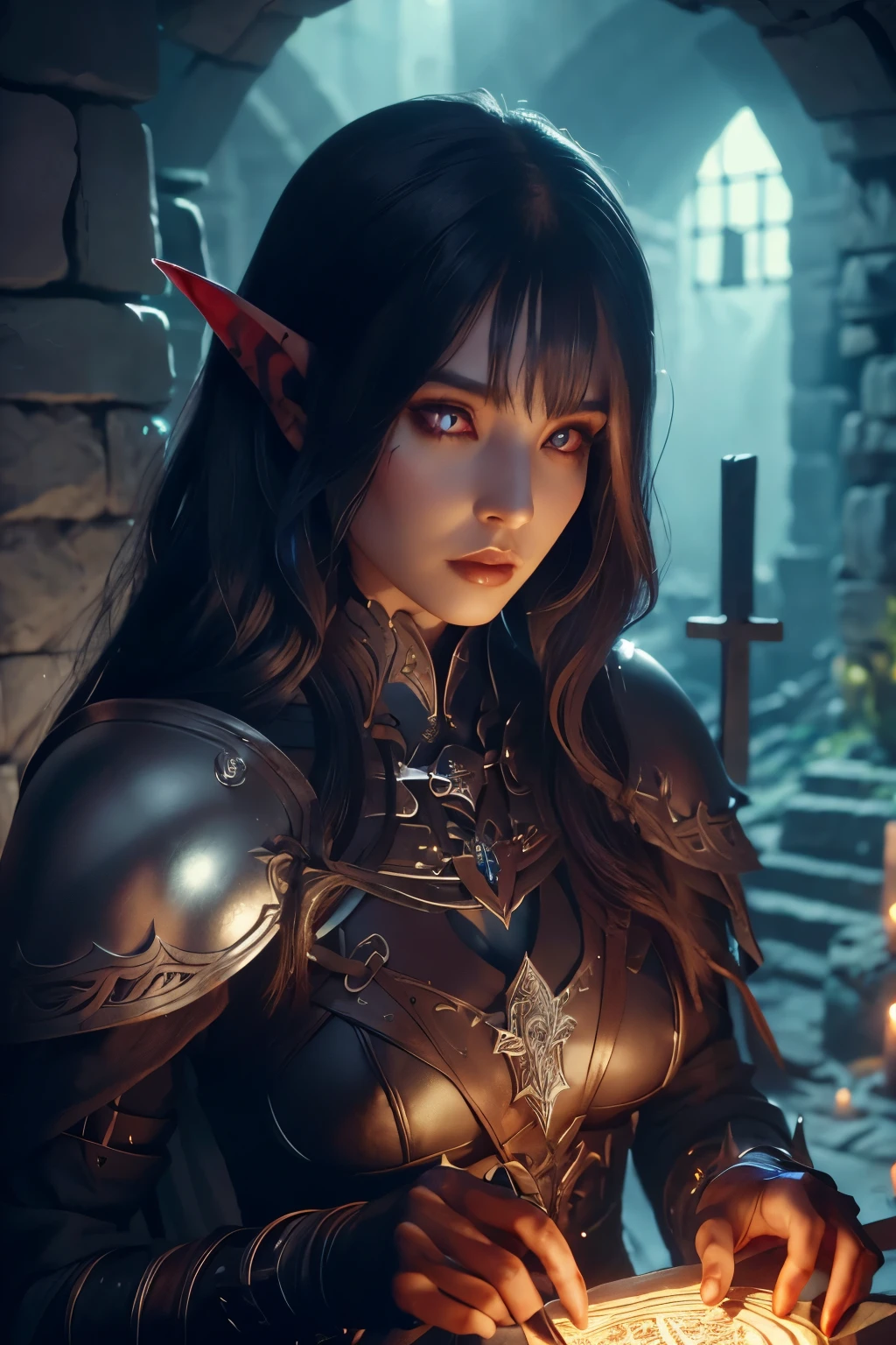 (Ultra-detailed face, looking away, Fantasy Illustration with Gothic, Ukiyo-e, Comic Art, Rich colors), 
BREAK 
(This is the site of an ancient giant tribe cemetery. A temple made of huge stones stands here. Ivy wraps around the crumbling stone walls and stone pillars.), 
BREAK 
(DarkElves: A middle-aged dark elf woman with silver color hair, blunt bangs, very long disheveled hair and dark purple color skin, lavender color eyes), 
BREAK 
(A female dark elf cleric wears armor with a red-bronze breastplate with reliefs and boots decorated with silver crosses.), 
BREAK 
(The dark elven female cleric is in a dark stone chamber, holding a lantern in one hand and carefully reading the pictographs inscribed on the wall with her back to the wall, illuminating them.)