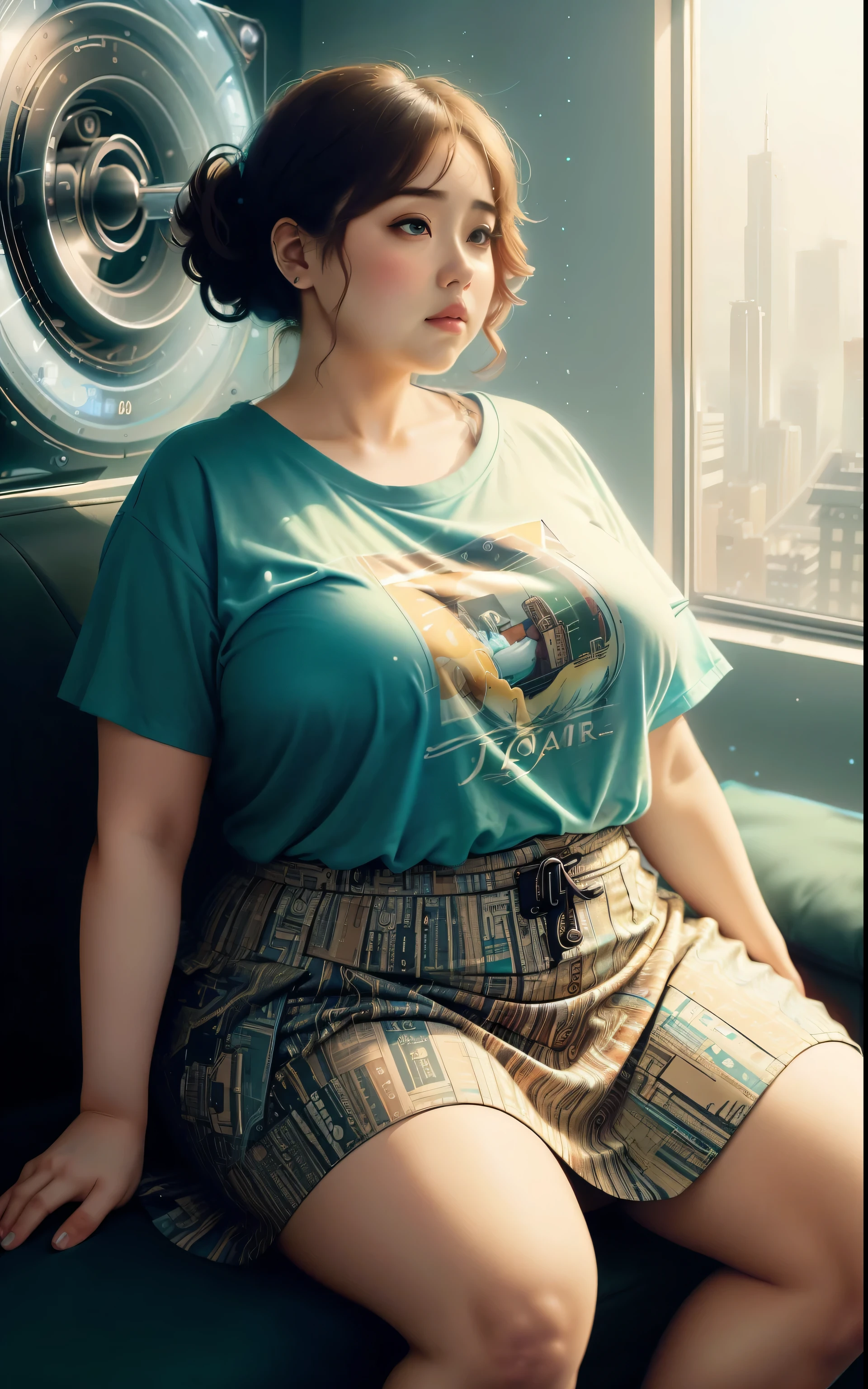 obese voluptuous handicapped women wearing T-Shirts getting a medical examination on a sofa, Detailed illustrations of body parts by Luis Royo, Jane Jones, Ismail Inceoglu, Amy Sherald, Max Ernst, Dora but, Bosch; Maximalism, Surrealism, 3D Liquid Detail, Volumetric lighting, Octane Rendering, 16K, Provocative, Sensual, Indonesian-Japanese-Korean, T-Shirts , Tight Skirt 