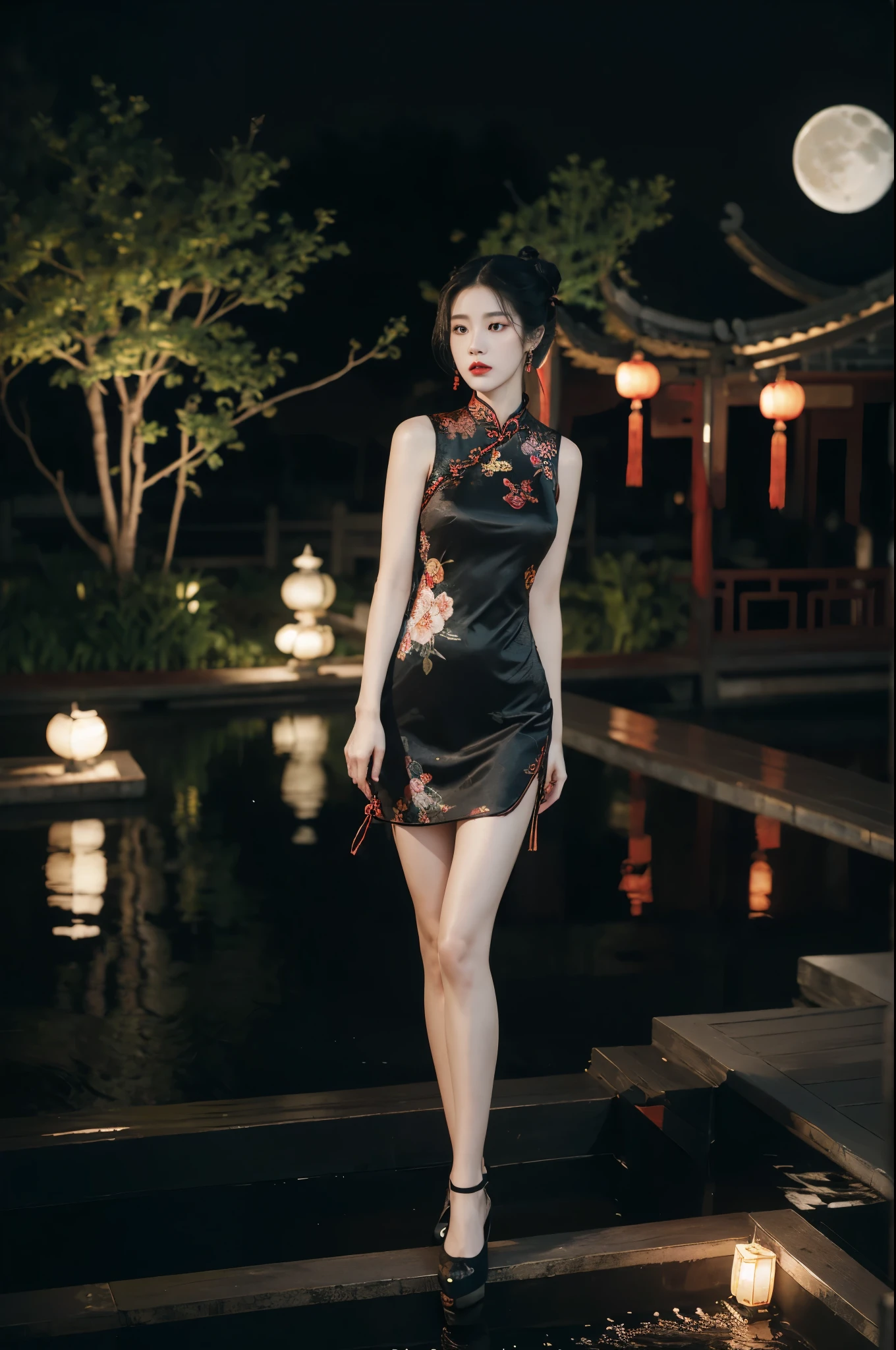 (((best quality))),(((ultra detailed))),(((masterpiece))),illustration,((1 beautiful girl,solo)),(bun hair:1.2),(Ghostly makeup:1.3),(fair skin:1.5),(red lips:1.2),(earrings:1.2),((slim,thin)),((small breasts,flat chest,cleavage)),(black floral embroidered lace sleeveless cheongsam:1.5),(thigh loop:1.3),(slender legs:1.2),(stockings:1.3),(loafers:1.2),(standing:1.3),(A huge moon in the sky:1.3),(moonlit Chinese garden courtyard:1.3),(Ghost Festival:1.3),(Ghostly flames are drifting in the air:1.3),elegant and sophisticated,intricate patterns,curves,dark color,striking visual appeal,ethereal,enchanting,ghostly black blossoms,swaying branches,stone pathways,moss,eerie shadows,ancient pavilion,intricate wooden structure,mystery and intrigue,cicadas chirping,auditory symphony,embodiment of the festival's spirit,bathed in the moon's glow,delicate features,raven-black hair,waterfall of darkness,moon's luminance,captivating allure,sleek fabric,clung to frame,accentuating curves,highlighting beauty,striking appearance,ethereal beauty,hauntingly beautiful scene,captured essence,blend of beauty and mystery,(night scene:1.3),((from front,full body))