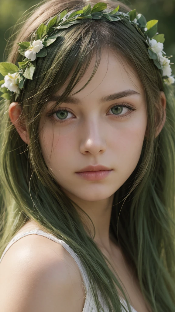 face portrait. a girl. european. extremely detailed face. oval face. delicate features. half-closed eyes. green eyes. long messy hairstyle. green hair. wreath on head. sad. innocent. shy. front view