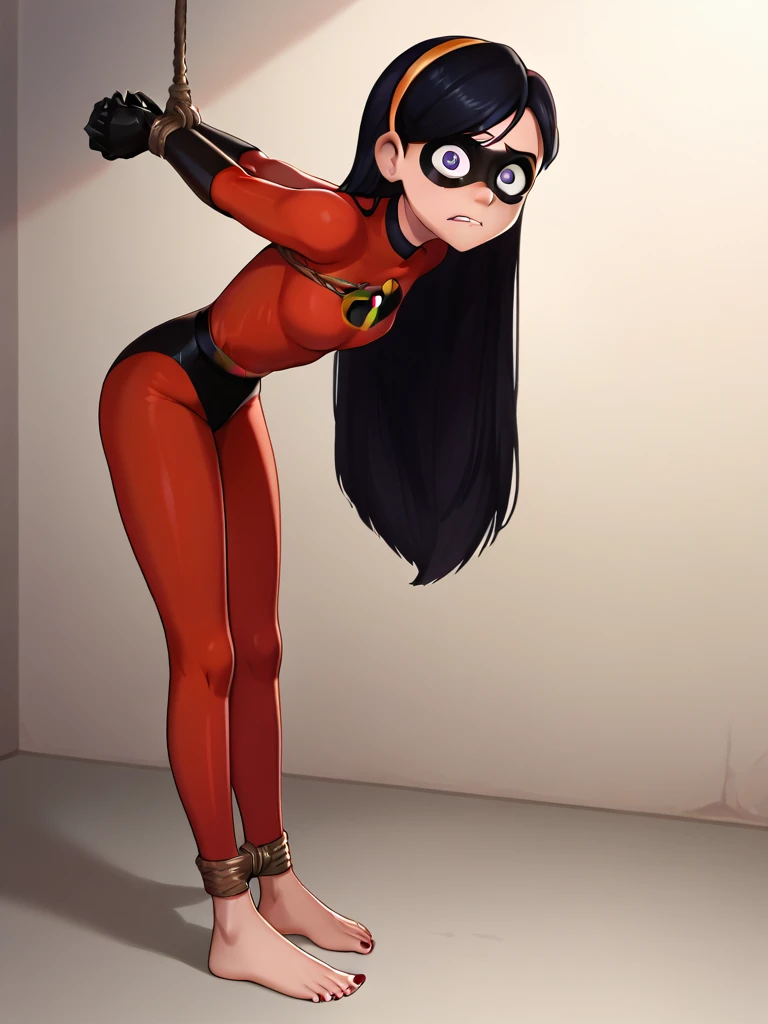 score_9, score_8_up, score_7_up, score_6_up, score_5_up, score_4_up, BREAK, source_cartoon, source_anime, 1girl, solo, violetparr, mask, black hair, long hair, hairband, purple eyes, red bodysuit, black gloves, looking at viewer, An expression of shame on his face, confusion, Desperation on the face, Knees clenched together, Tense posture, bites his lower lip, anatomically correct, Realistic, side-view,(((,barefoot))), 5 toes, black toe nails, Focus full body, tied ankles together, tied arms, solo, on dungeon