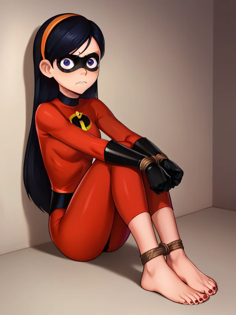 score_9, score_8_up, score_7_up, score_6_up, score_5_up, score_4_up, BREAK, source_cartoon, source_anime, 1girl, solo, violetparr, mask, black hair, long hair, hairband, purple eyes, red bodysuit, black gloves, looking at viewer, An expression of shame on his face, confusion, Desperation on the face, Knees clenched together, Tense posture, bites his lower lip, anatomically correct, Realistic, side-view,(((,barefoot))), 5 toes, black toe nails, Focus full body, tied ankles together, tied arms, solo, on dungeon 