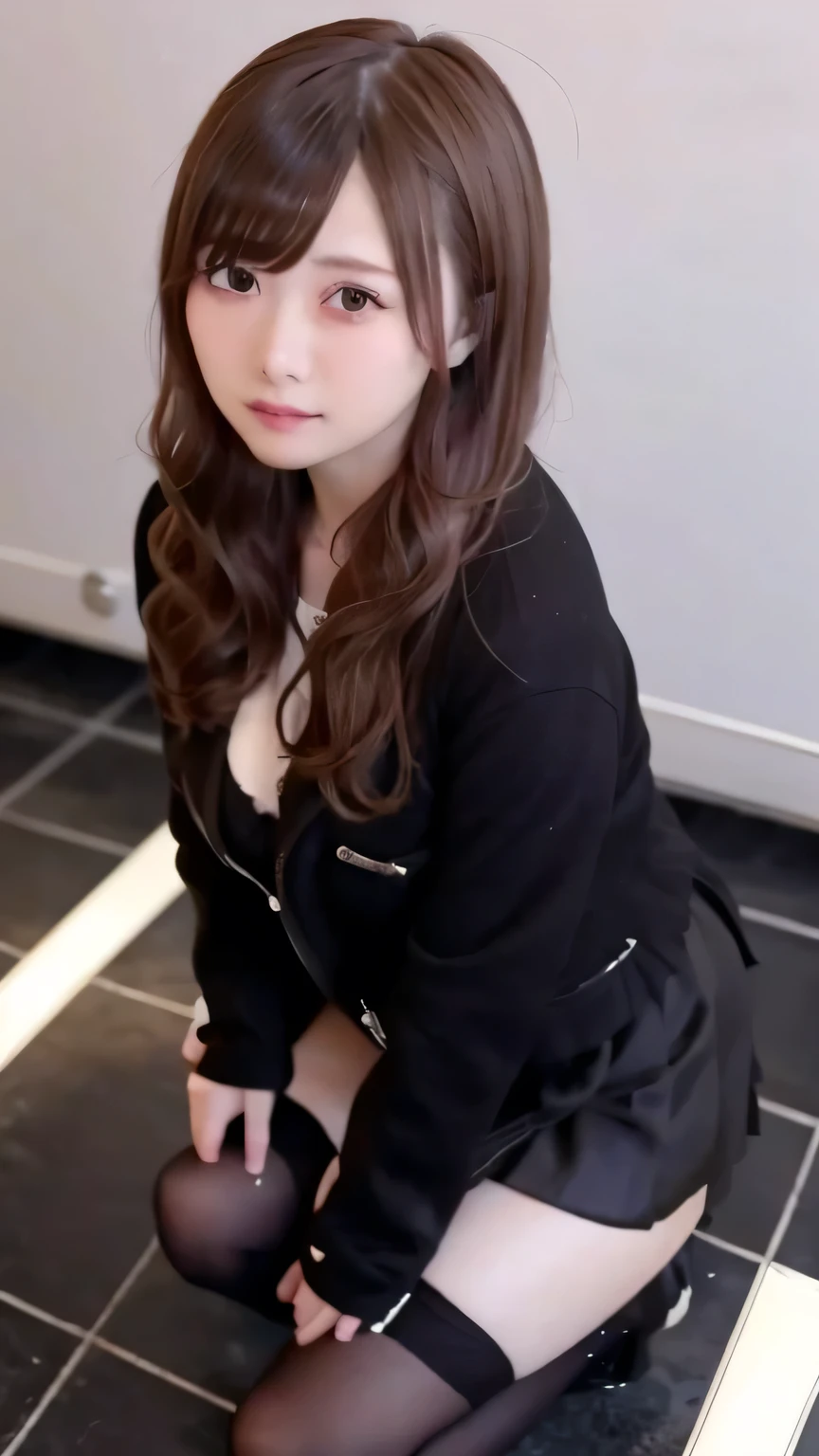 (One Woman)、(masterpiece)、(Highest quality)、(Ultra-detailed)、(High saturation)、((Full Angle))、18 year old beautiful idol schoolgirl、Delicate and beautiful face、(Blonde)、(Disheveled Hair)、(Anime style eyes)、(Short jacket)、((Black Stockings))、(Pleated skirt)、Large Breasts、Standing posture、Looking into the camera,Best lighting、Simple Background