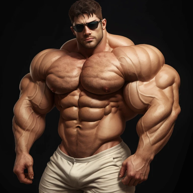 chris redfield, brutalmass, a a very handsome young man, white skin, sunglasses, shirtless, exaggeratedly muscular, exaggeratedly huge biceps, arms and pecs, exaggeratedly muscular and huge body, on a black background