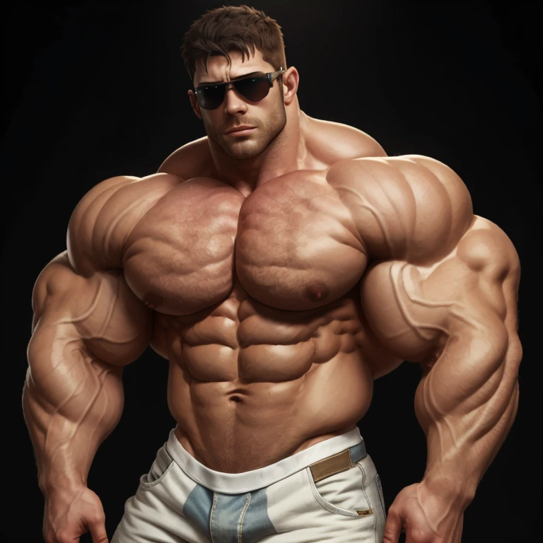 chris redfield, brutalmass, a a very handsome young man, white skin, sunglasses, shirtless, exaggeratedly muscular, exaggeratedly huge biceps, arms and pecs, exaggeratedly muscular and huge body, on a black background