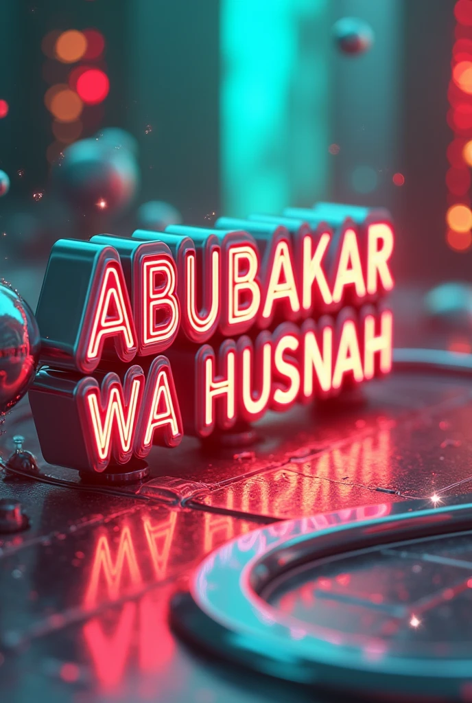 elegant 3D typography with an elegant technology with sparkles of turquoise ,red and yellow colors and girly with the" ABUBAKAR WA HUSNAH", photo, typography, vibrantv0.1, graffiti, illustration, photo, fashion, 3d render, typography.