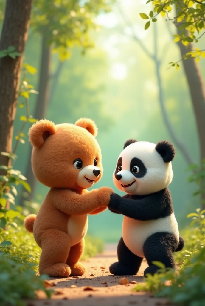 Teddy bear playing with panda