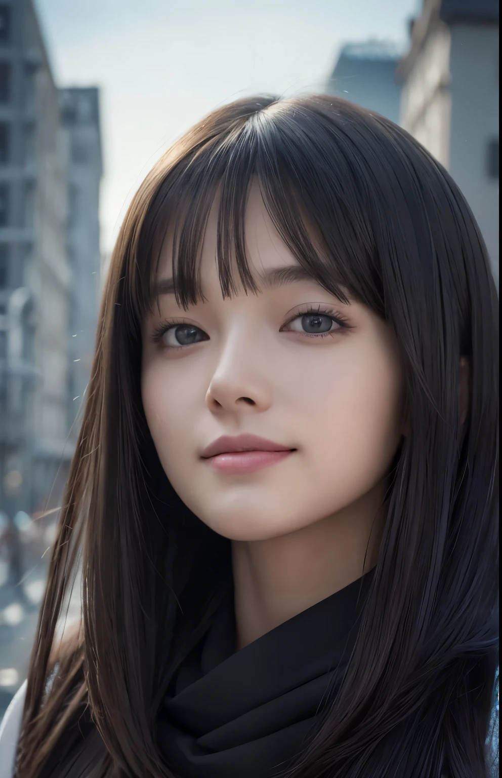 (Ultra Realistic), (Illustration), (Increased Resolution), (8K), (Extremely Detailed), (Best Illustration), (Beautiful and Detailed Eyes), (Best Quality), (Ultra Detailed), (Masterpiece ), ( wallpaper), (detailed face), solo, 1 girl, looking at viewer, fine details, detailed face, in the dark, deep shadows, low key, pureerosfaceace_v1, smiling, long hair, black shawl straight hair , 46 points oblique bangs
