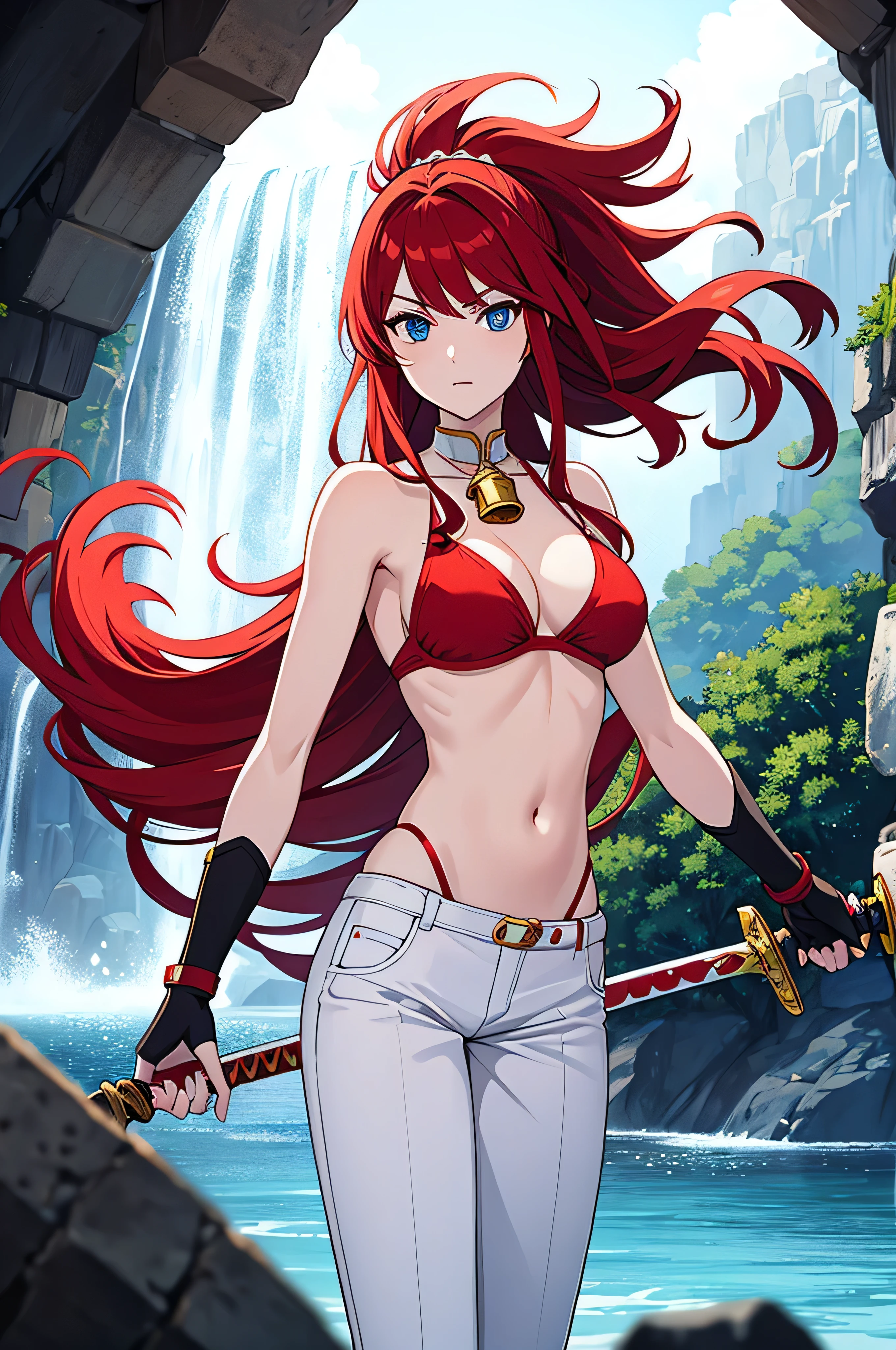 long red hair, bikini, white flared pants, fingerless gloves, bell-bottoms, blue eyes, sword, waterfalls