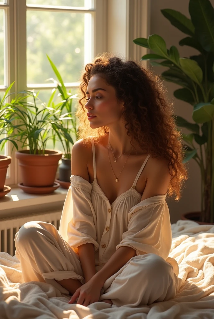 (photorealism:1.2), beautiful woman, sitting on bed, wearing loose off-shoulder top, pajama pants, long curly hair, indoors, soft lighting, plants in background, window with sunlight, cozy room, relaxed pose, realistic, intricate details, warm colors, by Greg Rutkowski, by Alphonse Mucha