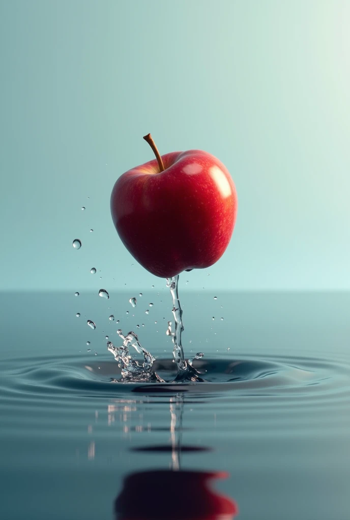 An apple falls towards the water。There is only one apple。There are splashes。The apple is below the water level。