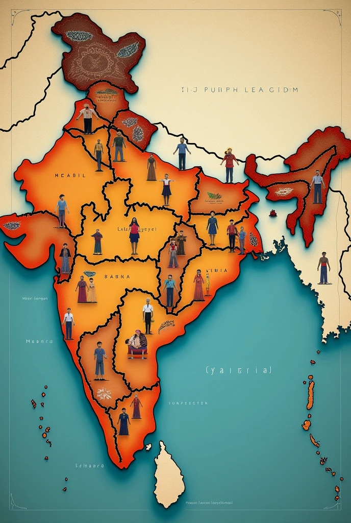 Incredible and cultural India map realistic with humans in each state within the map small do not remove anything from the map that was there before this one
