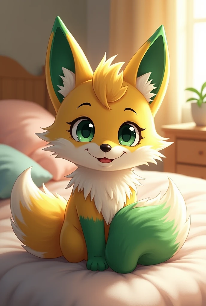 furry,a boy,a black eye and a green eye,green fox ears,green and white fox tail,on the bed,smile,sunshine,