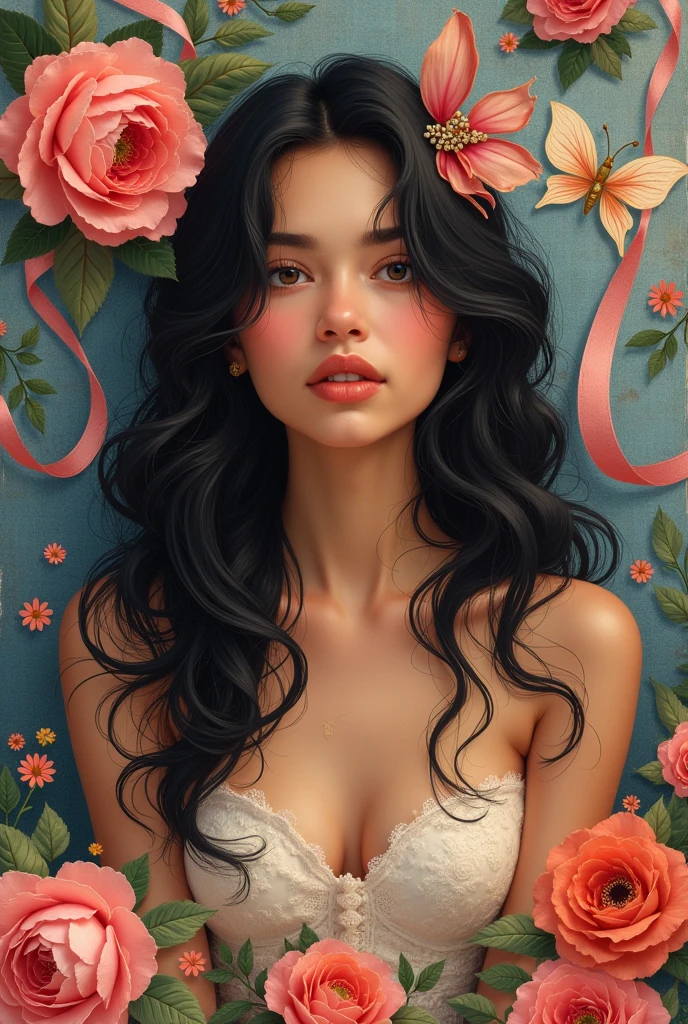 Generate an image with the name Rocio Velasquez with flowers, bows and denim texture