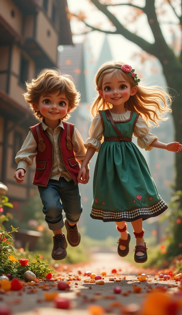 Photographic ultra-realistic　live-action　Unreal　((Two siblings))　Flying sweets　Candy House　Hansel and Gretel　Fantasy World　colorful