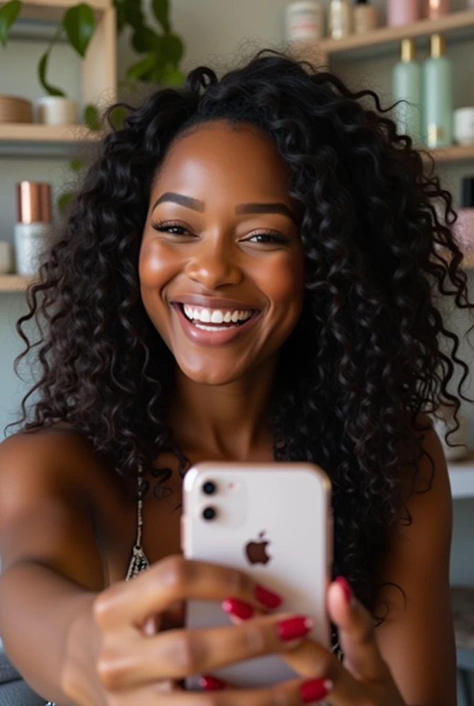  there is a black woman , the woman has, she has dark skin, with dark brownish skin, with long curly, long black loose moisturised curly hair she is taking a selfie whilst getting her nails done at a shop