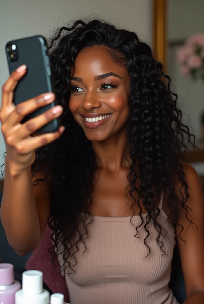 there is a black woman , the woman has, she has dark skin, with dark brownish skin, with long curly, long black loose moisturised curly hair she is taking a selfie whilst getting her nails done at a shop