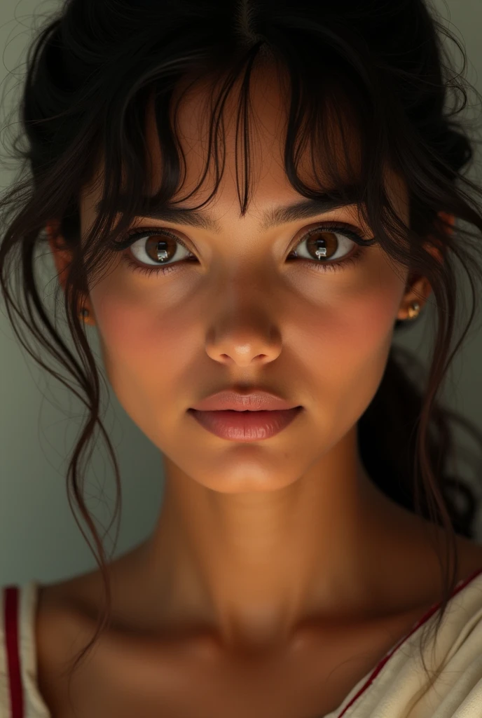 An Indian woman with wheatish skin , big eyes , and bangs 