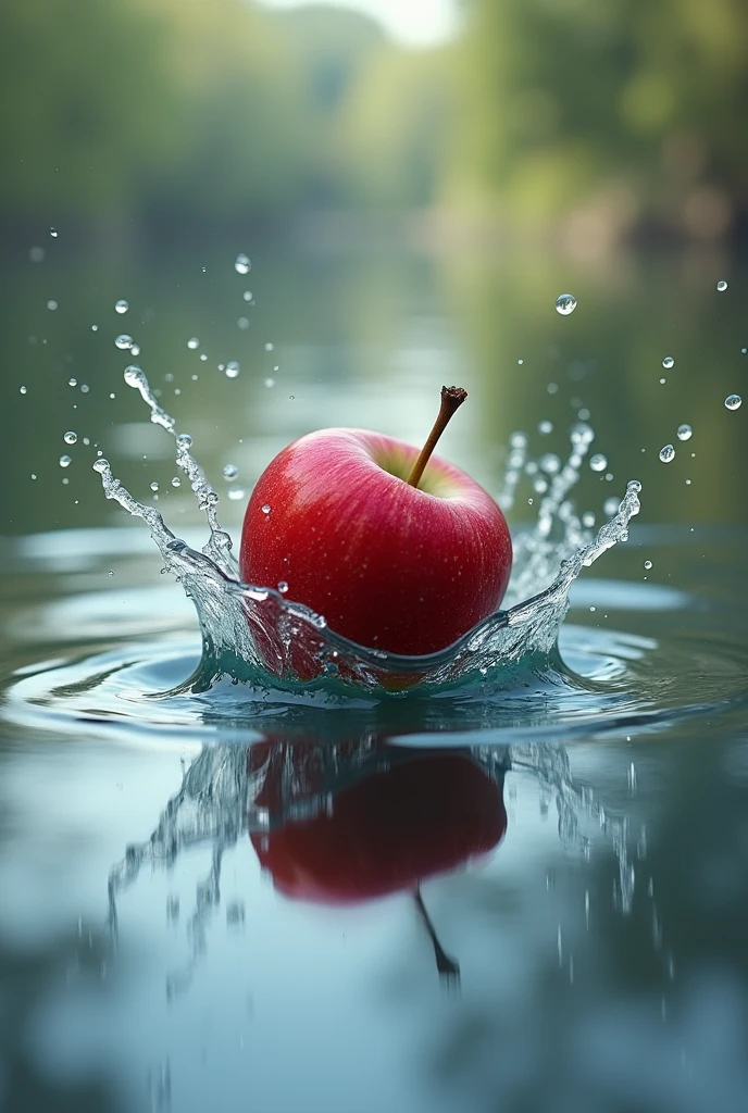 An apple falls on the surface of the water。There is only one apple。There are splashes。The apple is below the water level。