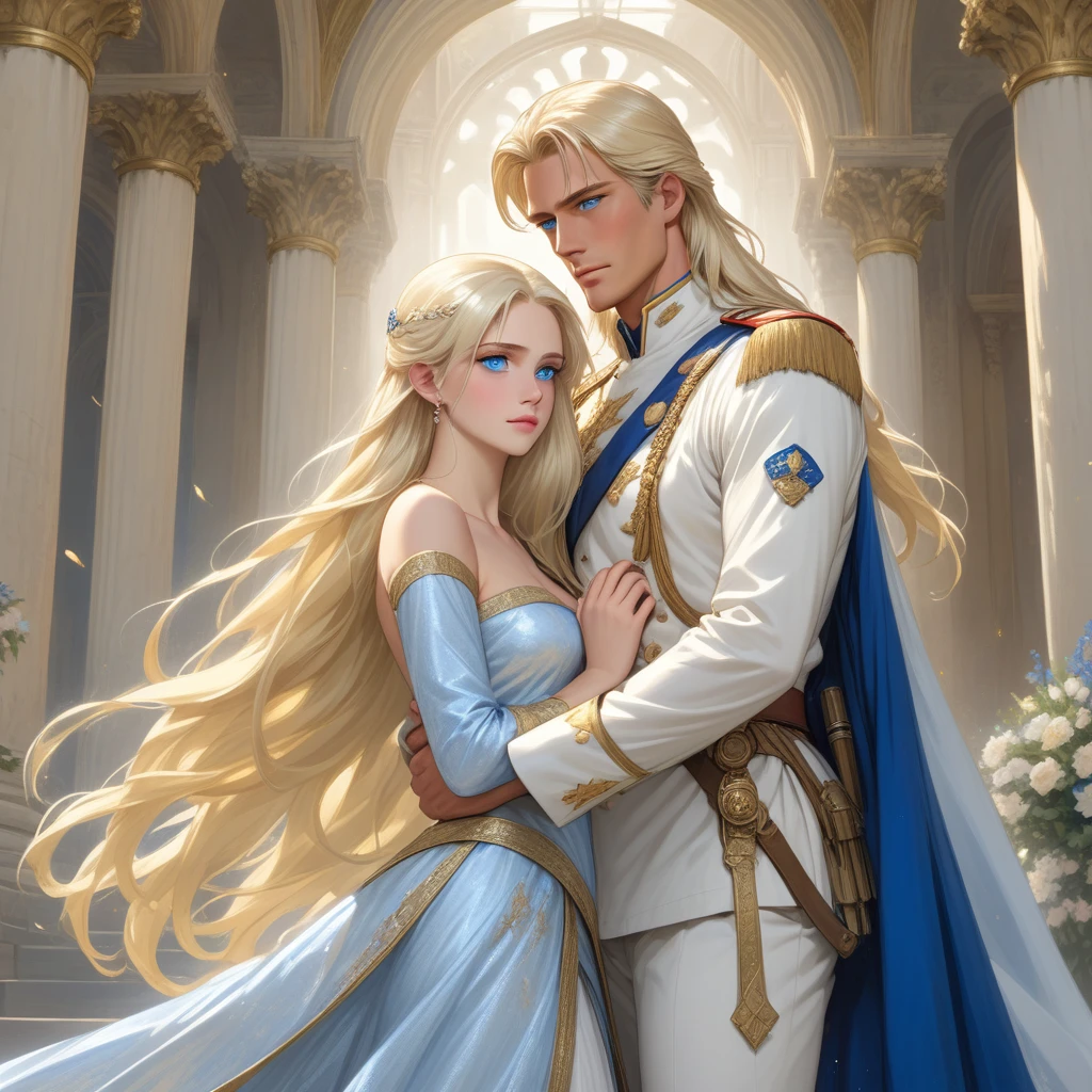 A tall, handsome, statuesque, courageous adult man is a platinum blonde with blue eyes, dressed in an ancient military uniform, he has long straight platinum hair, long bangs, he holds the hand of an incredibly beautiful young fatal blonde woman with blue eyes, long golden hair, she is dressed in a princess dress, she has jewelry, the crown. They're in love.