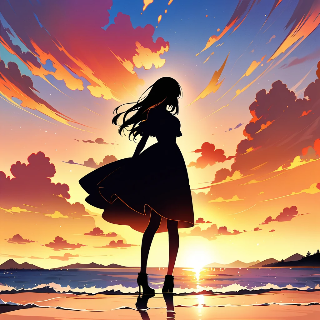 A girl standing, Create a beautiful silhouette art against a stunning sunset background. The image should enhance the beauty of the girl&#39;s pose，Happy expression with girl，and showing the intricate details of her body. Art should be a masterpiece, Expose the best quality，1.2x improvement. The girl should be the sole focus of the picture, Capturing her elegance and grace. Multiple exposures can be combined to add depth and complexity to your composition. The overall scene should evoke a sense of unity，and represents professional and official artistic works. The end result should be a colorful picture.、High resolution 8k wallpaper in sharp focus, Show the beauty of this masterpiece.