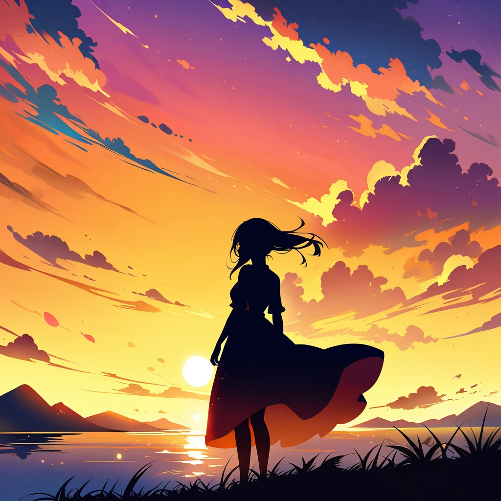 A girl standing, Create a beautiful silhouette art against a stunning sunset background. The image should enhance the beauty of the girl's pose,Happy expression with girl,and showing the intricate details of her body. Art should be a masterpiece, Expose the best quality,1.2x improvement. The girl should be the sole focus of the picture, Capturing her elegance and grace. Multiple exposures can be combined to add depth and complexity to your composition. The overall scene should evoke a sense of unity,and represents professional and official artistic works. The end result should be a colorful picture.、High resolution 8k wallpaper in sharp focus, Show the beauty of this masterpiece.
