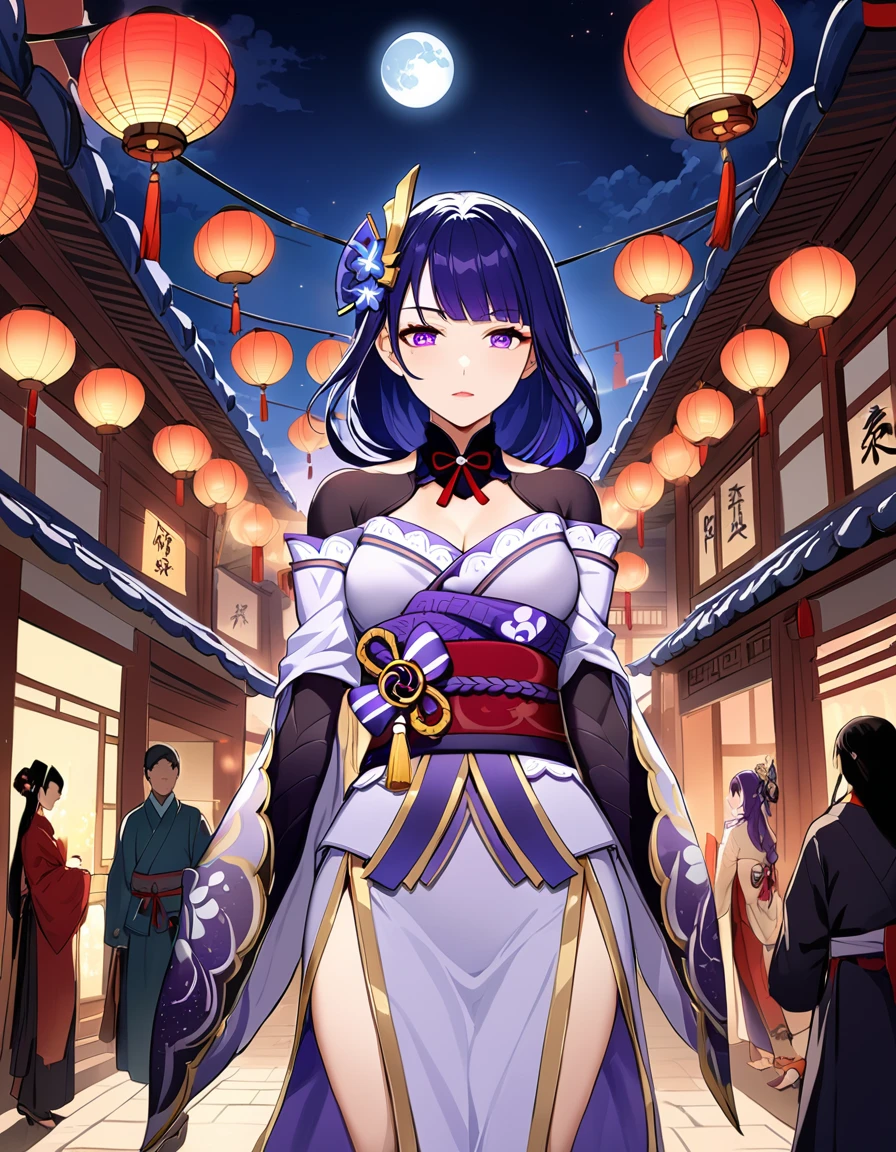 Masterpiece, Best Quality, Night, Full Moon, 1 Girl, Mature Woman, Chinese Style, Ancient China, Sisters, Royal Sisters, Cold Expressions, Faceless, Light Pink Lips, Calm, Intellectual, Three Belts, raiden shogun \(genshin impact\), purple hair, purple eyes, light purple Pupils, Assassin, Flower Lantern, Carrying Lanterns, Flower Ball Background, Strolling on the Street Landscape