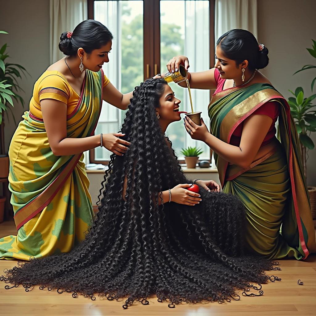 (best quality),in luxerius office items sorrounded bright lighted modern indian office,four middle age indian ladies named Mina,Vina,Ruba and Lina,All four ladies in sarees and having perfect curvy figures as in image prompt,All of four ladies having same 3c curly hairs like very long springed black color thick noodles those which can reaching up to their knee level as detailed in image prompt,Mina and Vina already had a oil bath all over thier hairs and at the moment styled their 3c curly hairs in to slick back big hair bun as in image prompt,Mina' and Vina' hairs like oil pulpted hair buns as in image prompt,Both Mina and Vina kneeling and helping to Ruba to get oil bath,Ruba is the one getting oil bath at the moment as in image prompt,Ruba is in kneeled and tilted little back and getting oil bath as in image prompt,Ruba's heavy volumed rapunzel 3c curly hair is runnning down in one stream and spread over the floor as in image prompt,She already had bath from one oil pot and this is the second oil pot she is getting bath as in image prompt,As of second oil bath:Ruba' 3c curls totaly drenched with loads of oil,Ruba while getting oil bath she shows her long tongue keeping her mouth open(show me your tongue out,long tongue:1.2) as in image prompt,Mina kneeled behind to the Ruba and she is helping back tilted ruba to get oil bath as in image prompt,Lina is the one who is making sexiest moment,Lina also having 3c curly hair like Ruba,As detailed in image prompt she already had a oil bath before and in the moment she has awaken her sensual feeling towards Ruba,At the moment Lina kneeled and bend over towards Ruba to make wild kiss showing her tongue out(show me your tongue out,long tongue:1.3),Vina kneeled and pouring oil to the Ruba' head hodling a large oil pot and oil flowing through Ruba' curls as in image prompt,meanwhile Vina is grabbing lina's hair and pulling back as in image prompt,(Perfect relevent tongue' actions as in image prompt),((Perfect Color Grading))