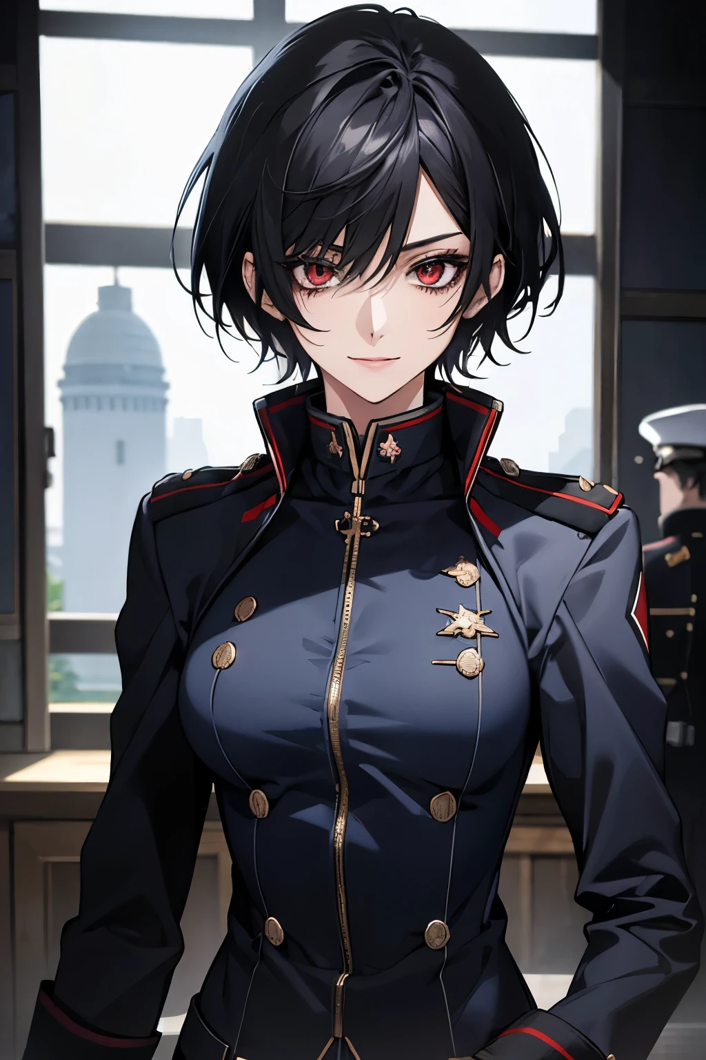 (Confused, High resolution, Very detailed), 1 female, Black Hair,short hair,Bright red eyes,White and black military uniform,24th generation,beauty,mature,thin,quiet,Calm,smile,In front of people you like,Blue coat,Slender and thin,boots,skinny pants,observatory,Small breasts