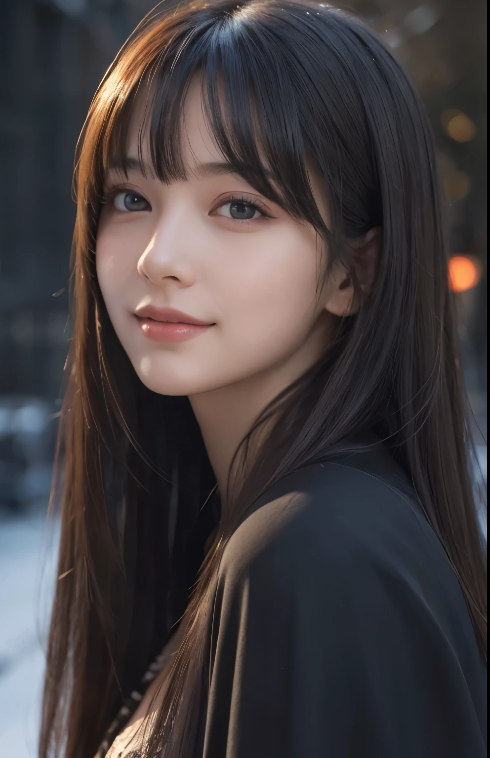 (Ultra Realistic), (Illustration), (Increased Resolution), (8K), (Extremely Detailed), (Best Illustration), (Beautiful and Detailed Eyes), (Best Quality), (Ultra Detailed), (Masterpiece ), ( wallpaper), (detailed face), solo, 1 girl, looking at viewer, fine details, detailed face, in the dark, deep shadows, low key, pureerosfaceace_v1, smiling, long hair, black shawl straight hair , 46 points oblique bangs