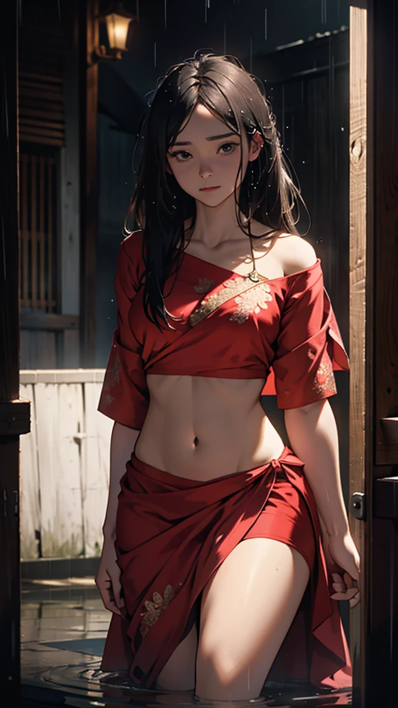 A young woman stands outside her house, drenched in the rain, her red saree clinging to her curves revealing her large hips. The scene is captured in the evening light, creating a moody atmosphere. The image, most likely a photograph, showcases the woman's striking silhouette against the darkening sky. Every detail is vividly portrayed - from the glistening raindrops on her skin to the saturated color of her attire. This high-quality image beautifully captures the raw emotion and vulnerability of the moment, drawing viewers in with its evocative storytelling.