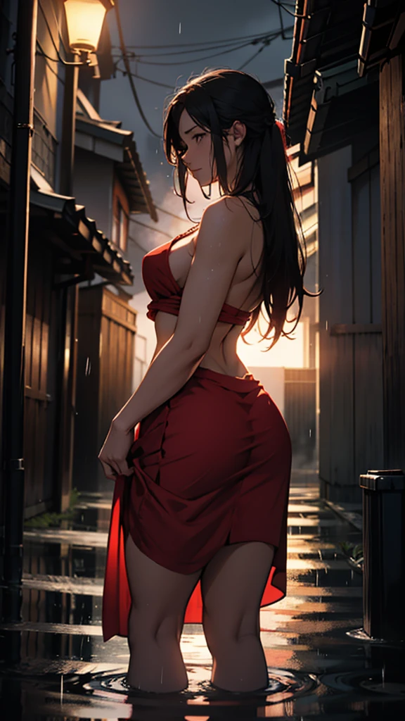 A young woman stands outside her house, drenched in the rain, her red saree clinging to her curves revealing her large ????. The scene is captured in the evening light, creating a moody atmosphere. The image, most likely a photograph, showcases the woman's striking silhouette against the darkening sky. Every detail is vividly portrayed - from the glistening raindrops on her skin to the saturated color of her attire. This high-quality image beautifully captures the raw emotion and vulnerability of the moment, drawing viewers in with its evocative storytelling.