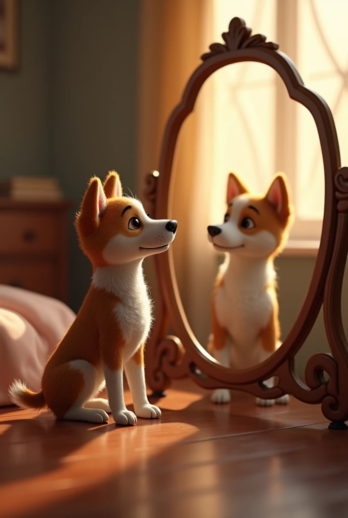 A dog looking at himself in the mirror