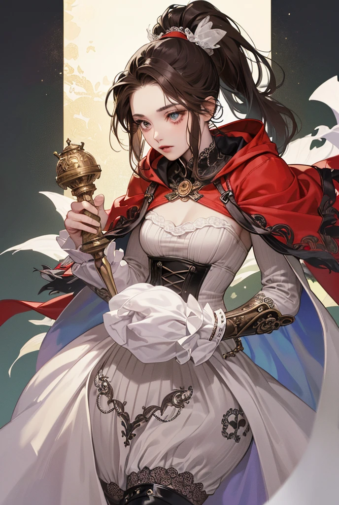 (((masterpiece, of the highest quality, super detailed))), (digital art), (a witch belonging to an occult order of knights), (a knight crossed with a witch), Victorian era inspired, ((minimal but intricate beautiful armour)), (Fluttering lace flared dress with frilly petticoats), ((Bloodbourne inspired)), (big forhead:1.2), (((dark hair, ponytail, thick ponytail, heavy ponytail))), (((Very sharp focused eyes))), ((small breasts)), very long eyelashes, occult aesthetic, (red and white clothing detailed and intricate steampunk and detailed gothic), (with a hood), complex lace boots,