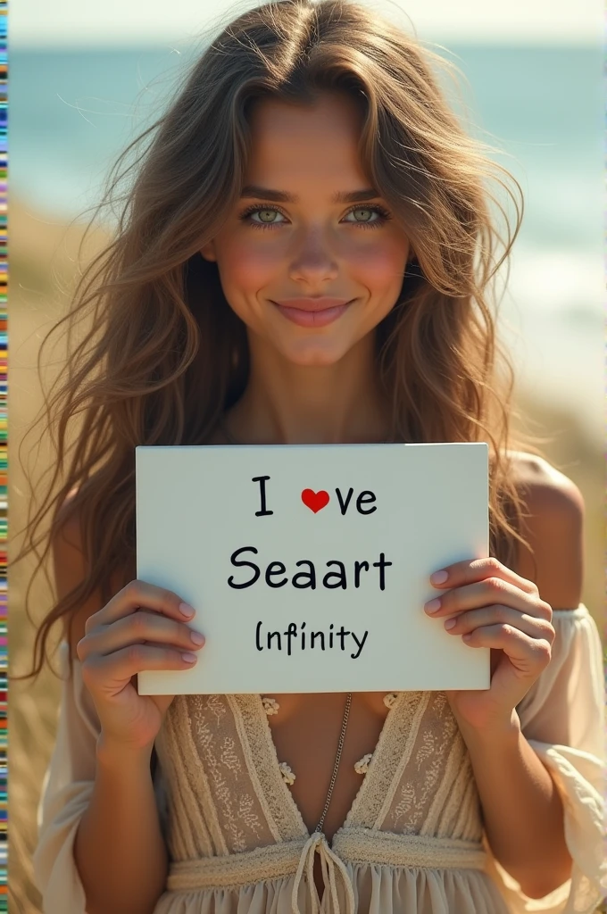 Beautiful girl with wavy long hair, bohemian dress, holding a white board with text "I Love Seaart Infinity" and showing it to the viewer