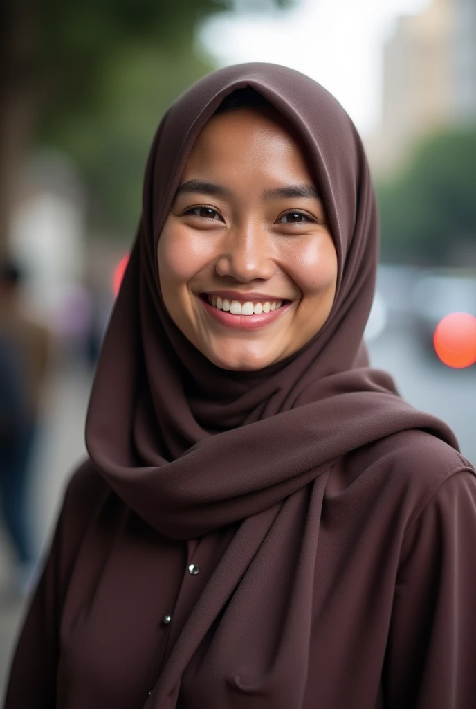 RAW, Best quality, high resolution, masterpiece: 1.3), beautiful Malay woman on hijab (iu:0.8),1 matured malay girl in hijab, surabaya street,morning, cityscape,city lights,upper body,close-up,smile,big breast, , (8k, RAW photo, best quality, masterpiece:1.2),(realistic, photo-realistic:1.37),